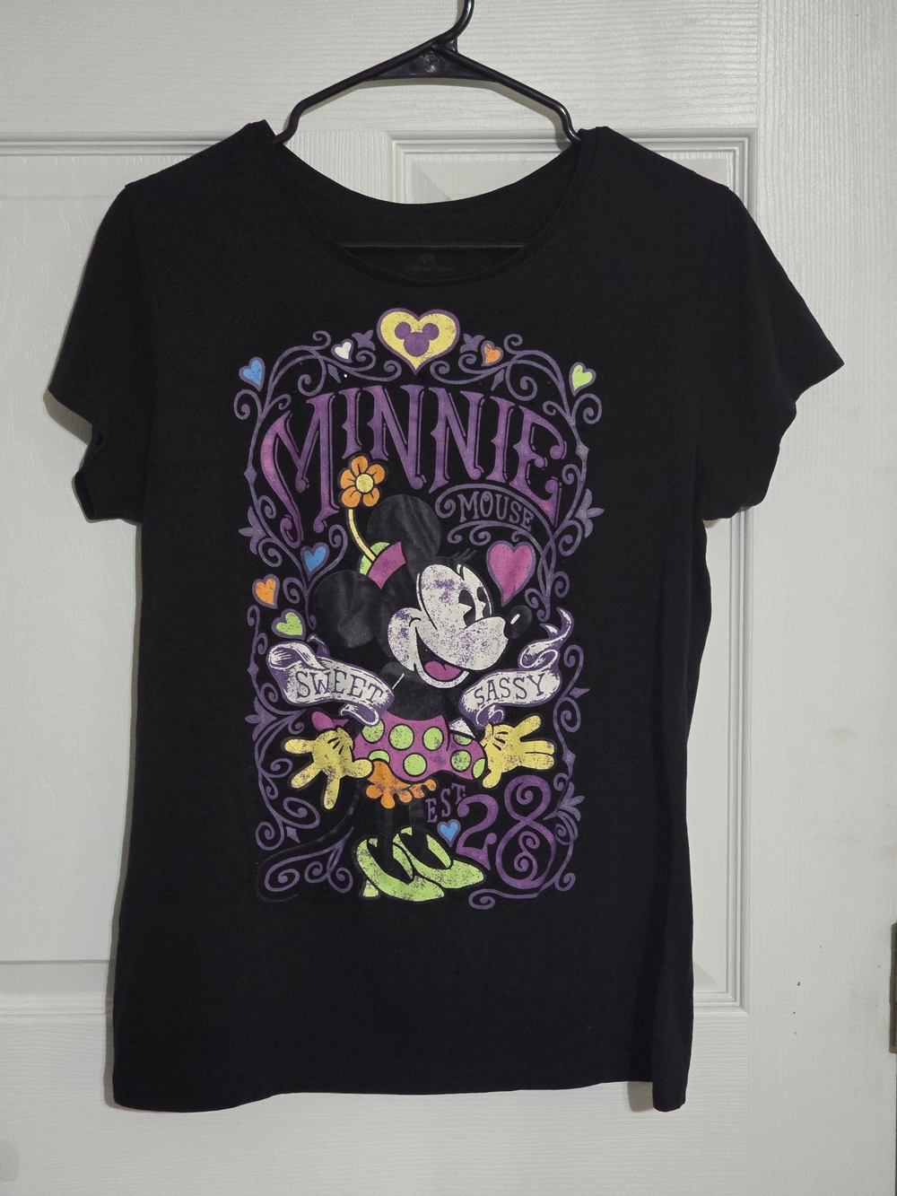 Disney Black Short Sleeve Minnie Mouse Graphic Tee with Purple Accents